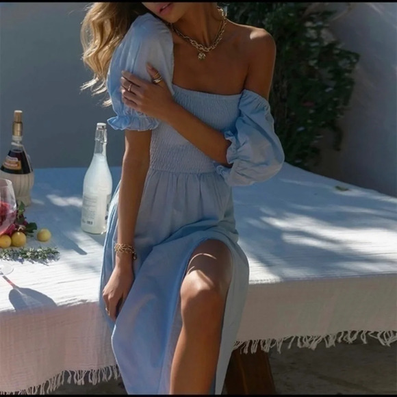 Dresses & Skirts - Blue Smocked Bodice Midi Dress • Puff Sleeves • Side Slit • NWT